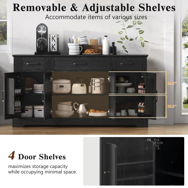 Large Buffet Sideboard with 3 Drawers and 4 Internal Door Shelves, Modern Coffee Bar for Kitchen, Living Room, 55'' L x 15.5'' W x 32'' H, Black