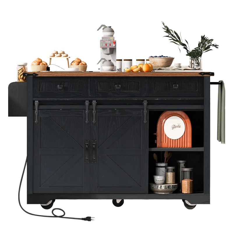 Farmhouse Kitchen Island with 2 Sliding Barn Doors, 3 Drawers, Rolling Kitchen Cart with Built-in Power Outlet, 53.5'' L x 18.5'' W x 37'' H, Black