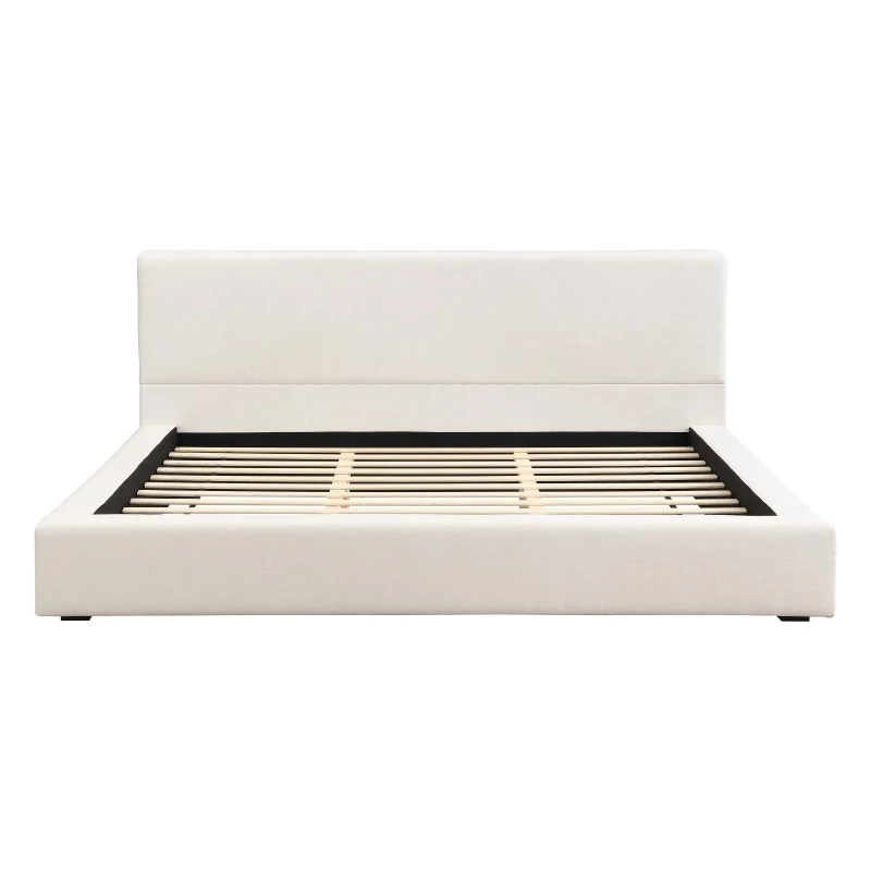 King Size Upholstered Platform Bed with Supportive Slats & Rubber Wood, Soft-Pack Bed with Embedded Frame, 94.5'' L x 88'' W x 37'' H, Beige