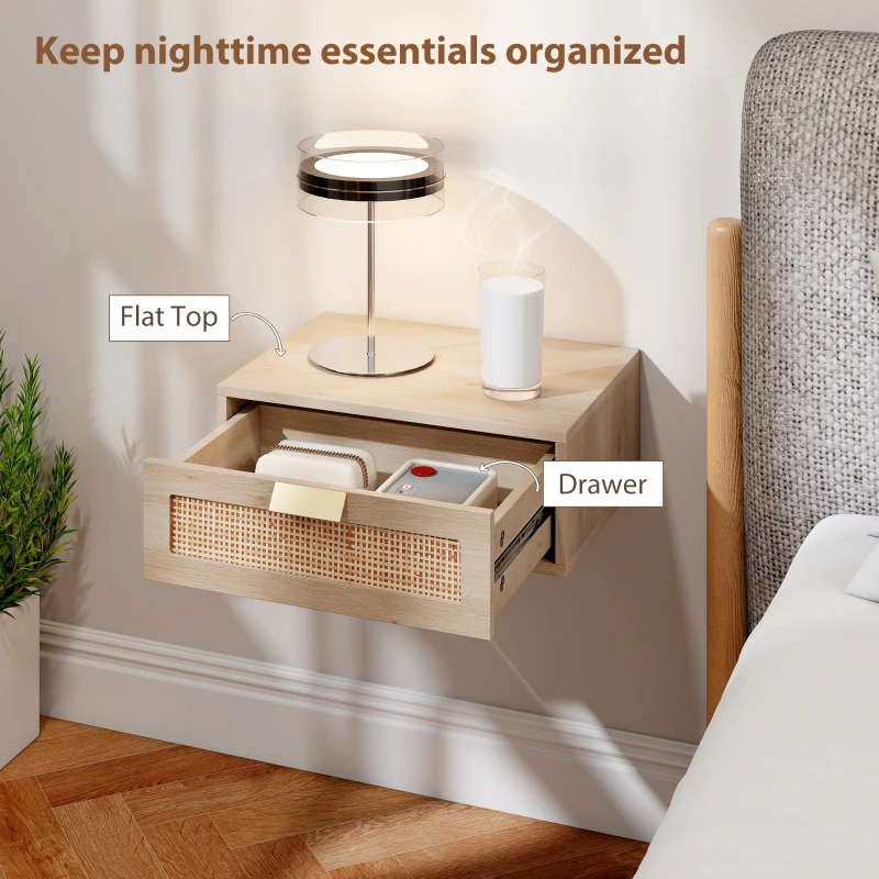 HOMCOM Floating Bedside Tables Set of 2, Wall Mounted Nightstands with Rattan Drawer and Wood Effect, Oak