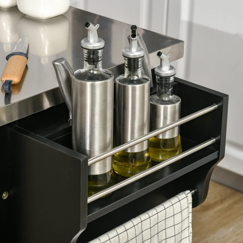 HOMCOM Kitchen Island on Wheels, Rolling Kitchen Cart with Stainless Steel Countertop, Drawer, Towel Rack and Spice Rack, Utility Storage Trolley, Black