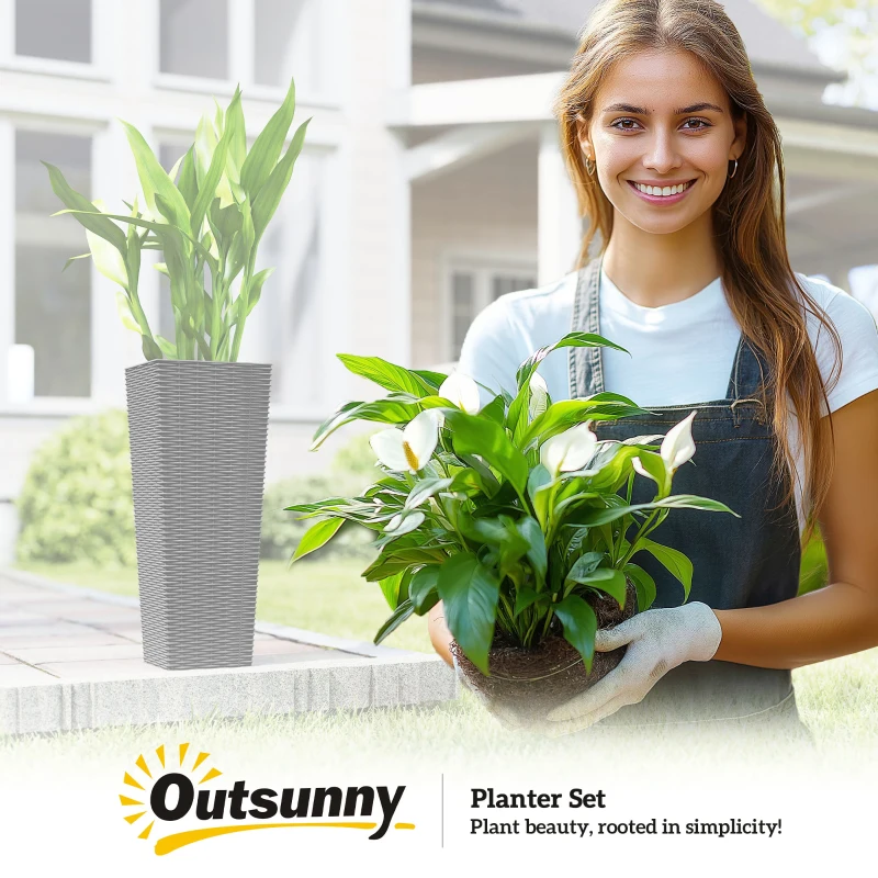 Outsunny 23.6 Inch Tall Planters for Outdoor Plants, Set of 2 Plastic Flower Pots with Drainage Holes, Black