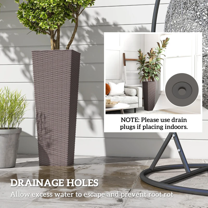 Outsunny 32 Inch Tall Planters for Outdoor Plants, Set of 2 Plastic Flower Pots with Drainage Holes, Brown