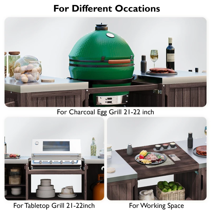 Outdoor Kitchen Island with Stainless Steel Top, Adjustable 5‑Level Shelves, Fir Wood Grill Cart with Drawer, 66.5'' L x 23'' W x 34.5'' H, Dark Brown