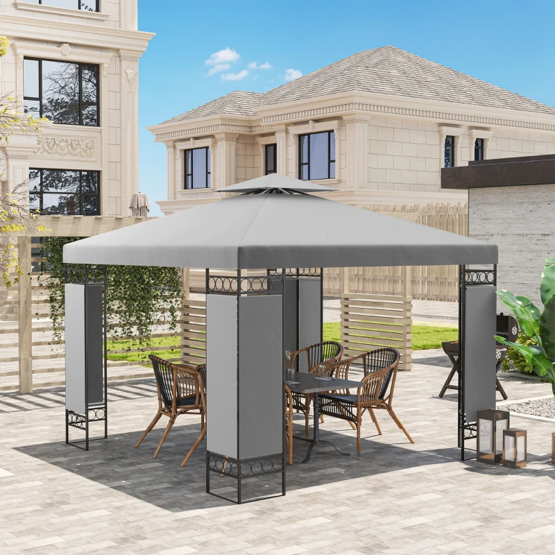Outsunny 10 x 10 FT Canopy Gazebo, Double Roof Patio Gazebo with Screen Panels and Metal Frame for Deck, Backyard, Light Grey