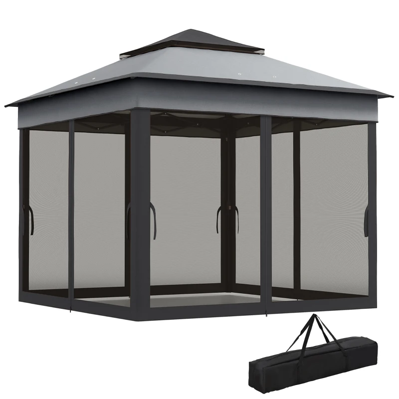 Outsunny 10.7 x 10.7ft Pop Up Gazebo, Adjustable Instant Sun Shelter with UV30+ Roof Cover, Removable Mesh Curtains, Dark Grey