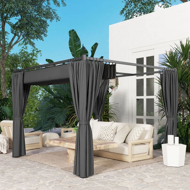 Outsunny 10' x 10' Retractable Pergola Canopy with Sidewalls, Metal Outdoor Gazebo Sun Shade Shelter, Dark Grey