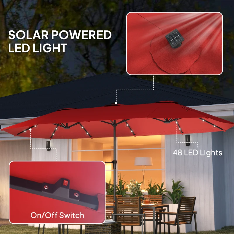 Outsunny 13ft Double-Sided Market Umbrella, Large Patio Umbrella with Solar Lights, Crank Handle for Garden, Pool, Yard, Wine Red