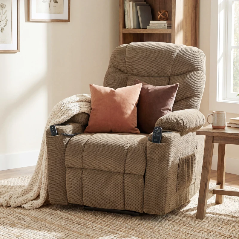 HOMCOM Power Recliner Chair with Massage, Electric Lift Chair for Elderly with Side Pockets, Cup Holders, Remote, Brown