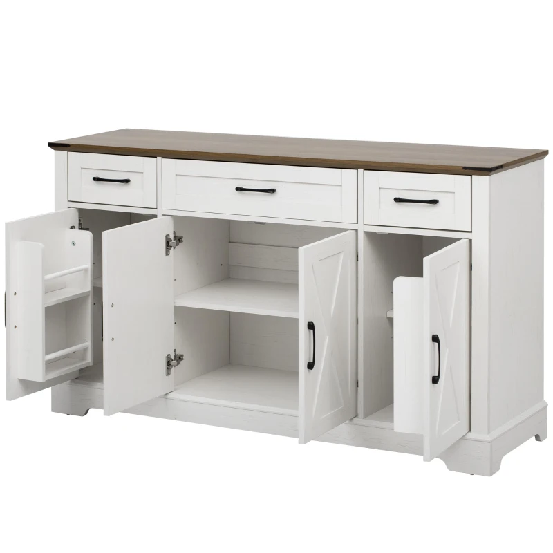 Large Buffet Sideboard with 3 Drawers and 4 Internal Door Shelves, Modern Coffee Bar for Kitchen, Living Room, 55'' L x 15.5'' W x 32'' H, White