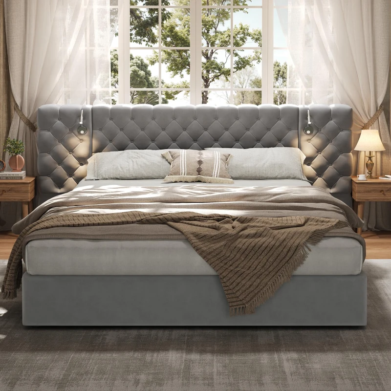 King Size Upholstered Bed with Extra-Wide Diamond Tufted Headboard, Plush Velvet Bed with Built-In Reading Lights, 83'' L x 102'' W x 42'' H, Grey