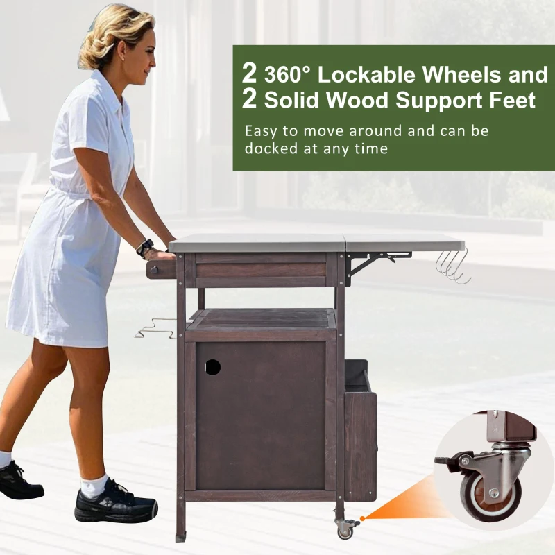 Outdoor Grill Cart with Stainless Steel Top and Removable Centre Shelf, Solid Storage Cabinet with Bottle Opener, 40.5'' L x 21'' W x 36'' H, Brown