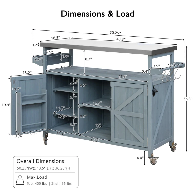 Outdoor Kitchen Island with Stainless Steel Top and Modular Shelves, Rolling Bar Cart with Spice Racks, 50'' L x 18.5'' W x 36'' H, Grey+Blue