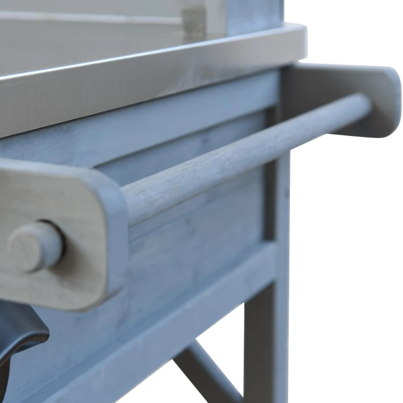 Outdoor Potting Bench Table with 2 Large Drawers, 4 Lockable Wheels, Wooden Kitchen Island with Stainless Steel Top, 52'' L x 22'' W x 65'' H, Grey+Blue