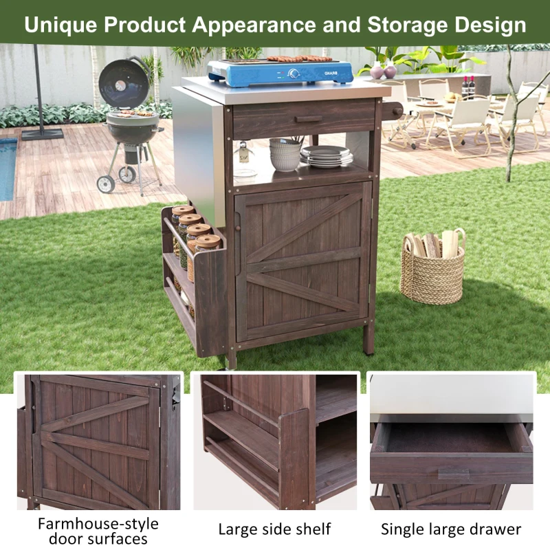 Outdoor Grill Cart with Stainless Steel Top and Removable Centre Shelf, Solid Storage Cabinet with Bottle Opener, 40.5'' L x 21'' W x 36'' H, Brown