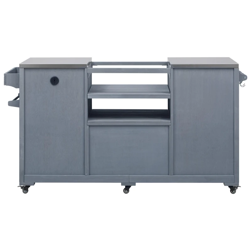 Outdoor Kitchen Island with Stainless Steel Top, Adjustable 5‑Level Shelves, Fir Wood Grill Cart with Drawer, 66.5'' L x 23'' W x 34.5'' H, Grey+Blue