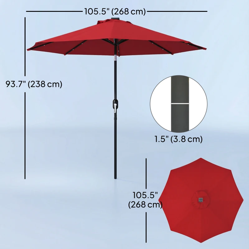 Outsunny 9ft Solar Patio Umbrella Outdoor Sunshade 24 LED Lights Tilt Canopy Wine Red