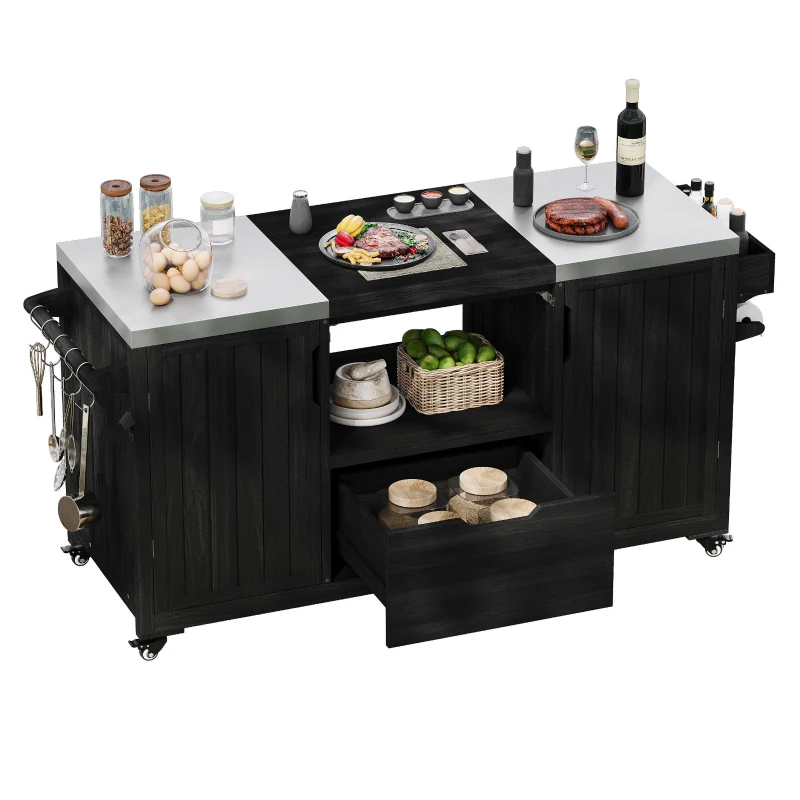 Outdoor Kitchen Island with Adjustable Shelves, Internal Storage Racks, Wooden Grill Cart with Stainless Steel Top, 66.5'' L x 23'' W x 34.5'' H, Black