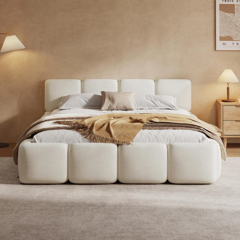 Queen Size Platform Bed with Padded Headboard, Embedded Mattress Retainer, Solid Bedboard with Wood Frame, 88.5'' L x 67'' W x 11.5'' H, White