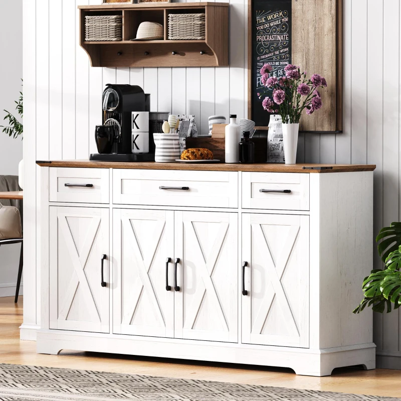 Large Buffet Sideboard with 3 Drawers and 4 Internal Door Shelves, Modern Coffee Bar for Kitchen, Living Room, 55'' L x 15.5'' W x 32'' H, White