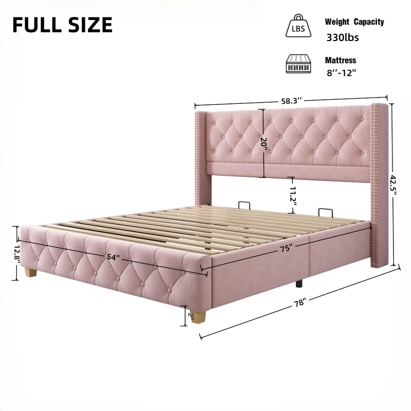 Full Size Velvet Upholstered Platform Bed with Diamond Button Tufting, Extra‑Wide Bedboard with Wooden Legs, 58.5'' L x 78'' W x 42.5'' H, Pink