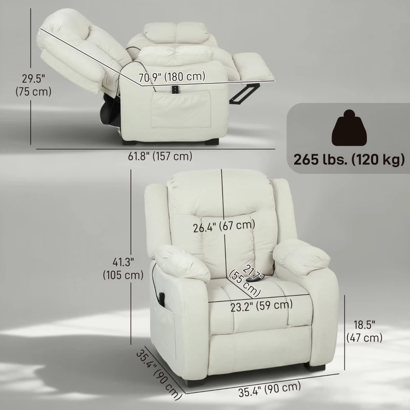HOMCOM Massage Recliner Chair with Quiet Brushless Motor Pet-Friendly Fabric Power Recliner with 2 Memory Positions Cream White
