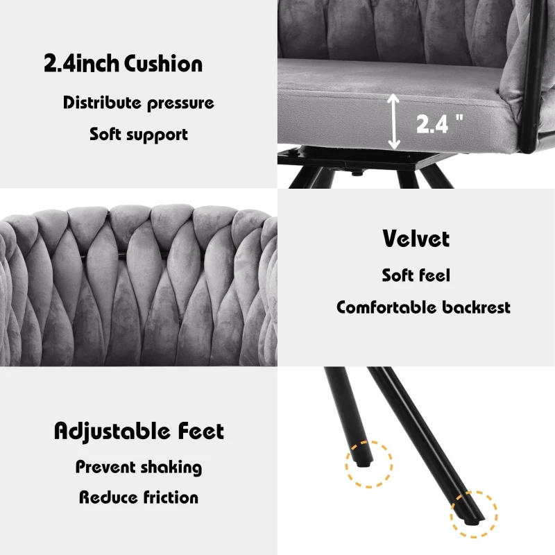 Set of 4 Velvet Dining Chairs with Ergonomic 3D Wraparound Support, Modern Swivel Chairs with Sturdy Metal Legs, 23'' L x 21'' W x 28.5'' H, Gray