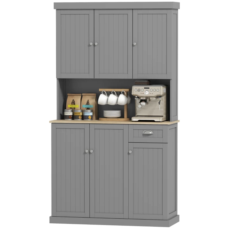 HOMCOM 71" Buffet with Hutch, Modern Farmhouse Kitchen Pantry Storage Cabinet with Microwave Oven Countertop, Drawer, Gray
