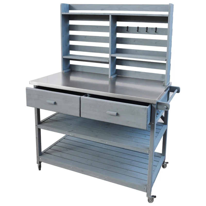 Outdoor Potting Bench Table with 2 Large Drawers, 4 Lockable Wheels, Wooden Kitchen Island with Stainless Steel Top, 52'' L x 22'' W x 65'' H, Grey+Blue