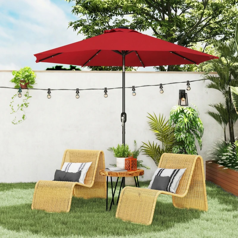 Outsunny 9ft Solar Patio Umbrella Outdoor Sunshade 24 LED Lights Tilt Canopy Wine Red