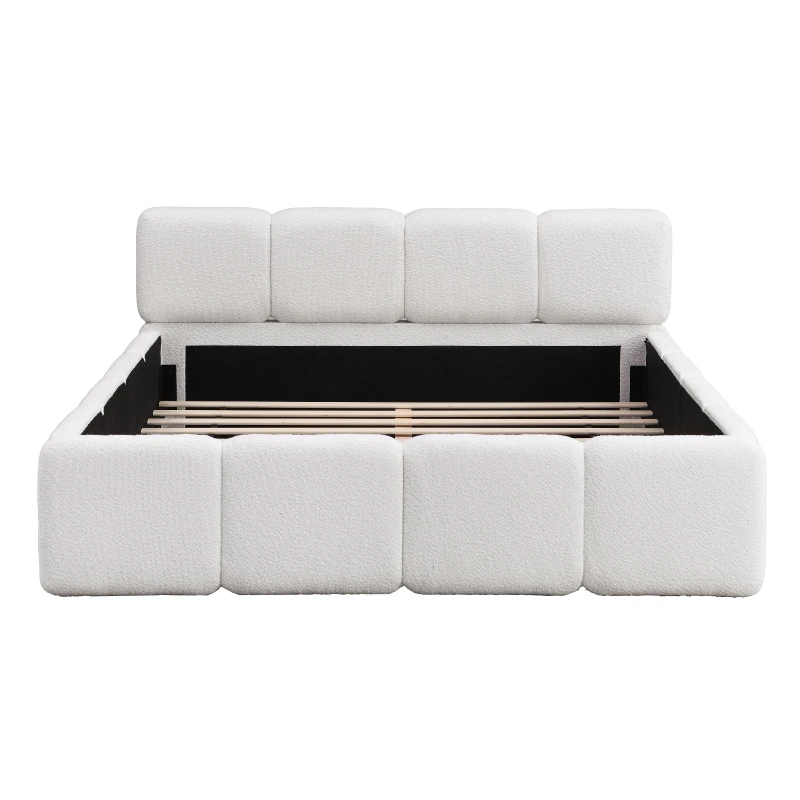 King Size Platform Bed with Padded Headboard & Footboard, Solid Bed Frame with embedded mattress-retention, 89'' L x 83.5'' W x 29.5'' H, White