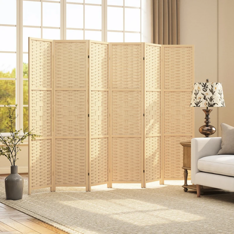 HOMCOM 6-Panel Room Divider, 5.6 FT Freestanding Folding Privacy Screen, Partition Wall Divider, Natural Wood