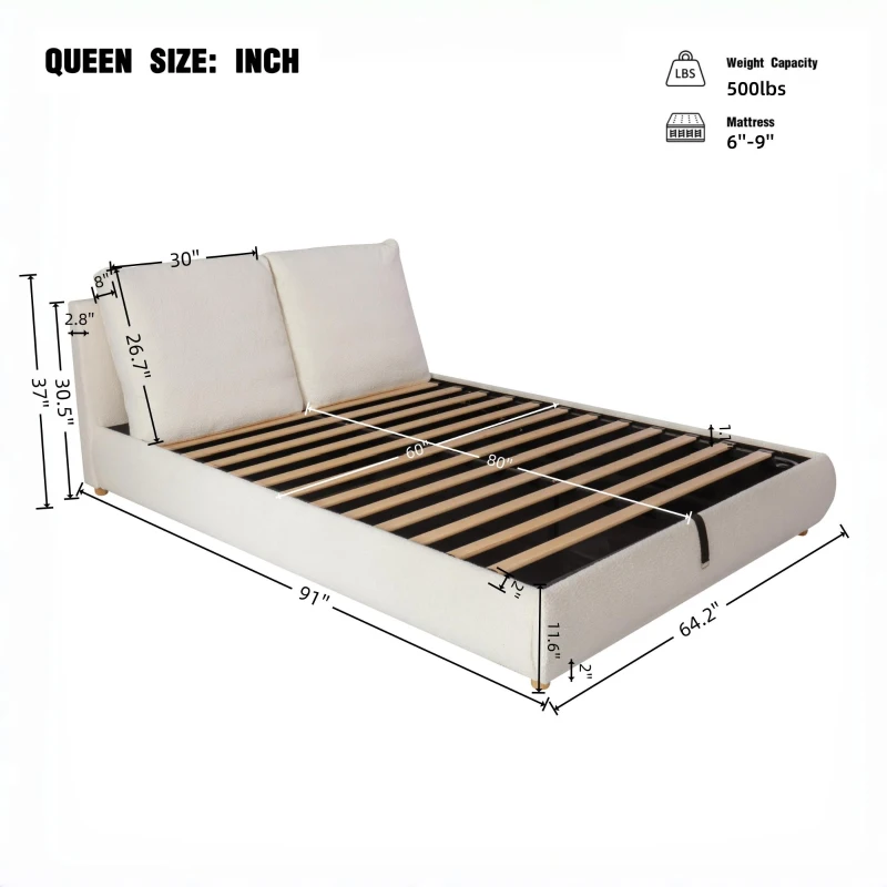 Queen Size Hydraulic Lift Storage Bed with Removable-Washable Headrests, Solid Bed Frame with Padded Cushions, 91'' L x 64'' W x 37'' H, White