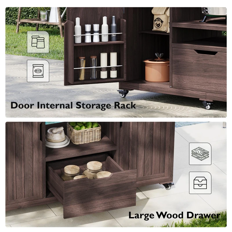 Outdoor Kitchen Island with Stainless Steel Top, Adjustable 5‑Level Shelves, Fir Wood Grill Cart with Drawer, 66.5'' L x 23'' W x 34.5'' H, Dark Brown