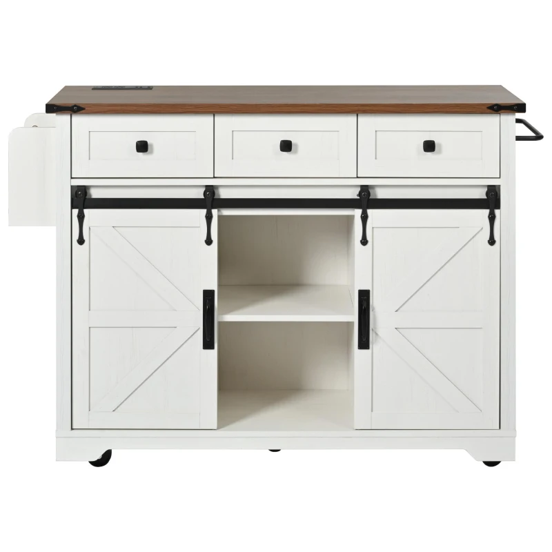 Large Kitchen Island with Built-in Power Outlet and Adjustable Shelves, Rolling Storage Cart with Locking Wheels, 53.5'' L x 18.5'' W x 37'' H, White