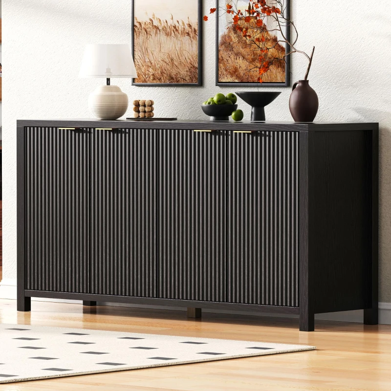 Fluted Buffet Cabinet with 4 Doors, Adjustable Shelves, Soft-Close Hinges, Large Buffet Sideboard for Dinning Room, 55'' L x 15.5'' W x 33'' H, Black