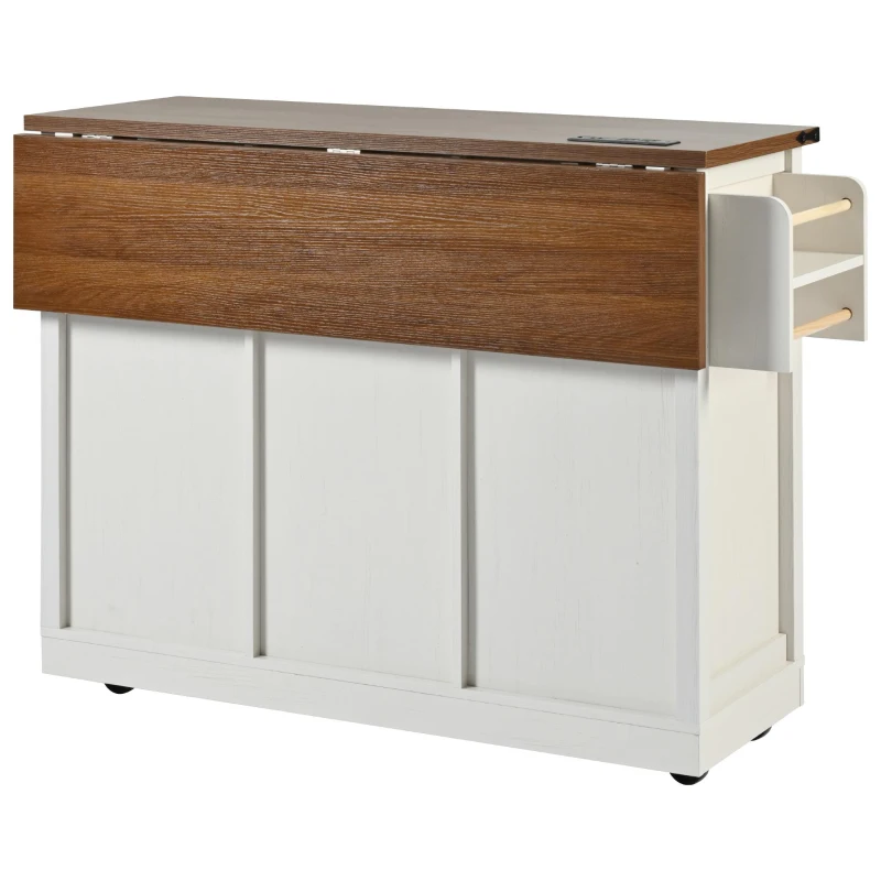 Large Kitchen Island with Built-in Power Outlet and Adjustable Shelves, Rolling Storage Cart with Locking Wheels, 53.5'' L x 18.5'' W x 37'' H, White