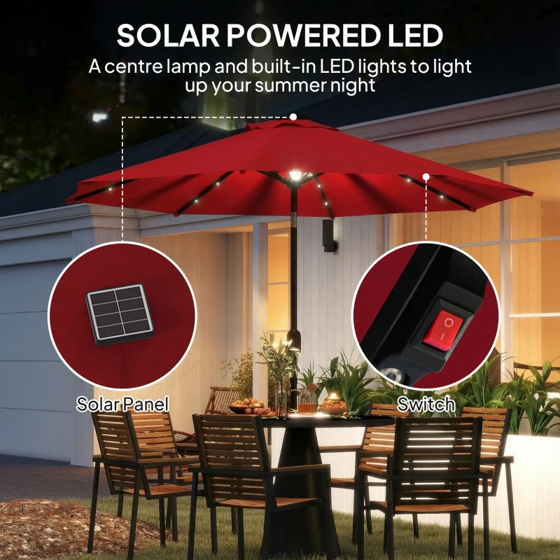 Outsunny 9ft Solar Patio Umbrella Outdoor Sunshade 24 LED Lights Tilt Canopy Wine Red