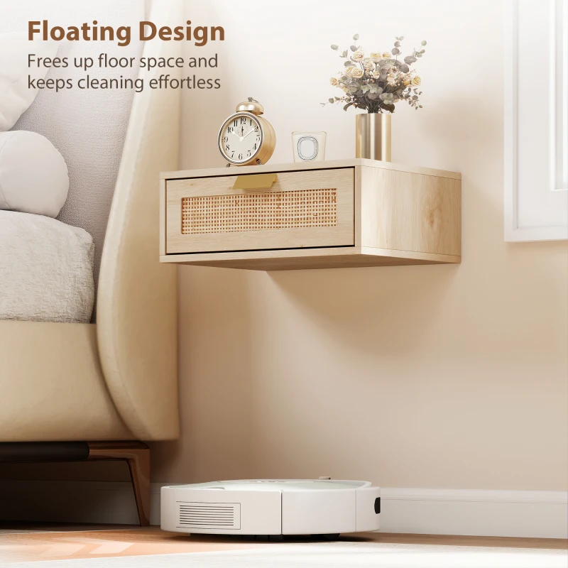 HOMCOM Floating Bedside Tables Set of 2, Wall Mounted Nightstands with Rattan Drawer and Wood Effect, Oak