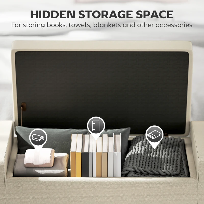 HOMCOM 36" Ottoman with Storage, Storage Ottoman Bench with Lift Top and Rubberwood Legs, Linen Upholstered Entryway Bench with Seating for Living Room, Bedroom, Holds up to 330 lb, Beige