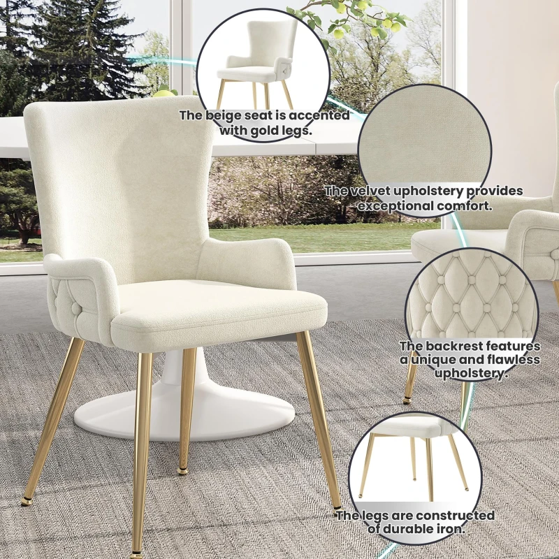 Set of 6 Velvet Dining Chairs with 4 Electroplated Metal Legs, Upholstered Leisure Chair with Wood Frame, 21.5'' L x 20.5'' W x 33.5'' H, Beige+Gold