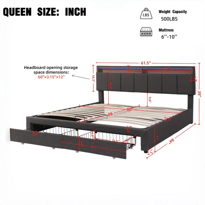 Queen Size Hydraulic Storage Bed with Remote-Controlled LED Headboard, Solid Bed Frame with Reinforced Leg, 84'' L x 61.5'' W x 39'' H, Grey