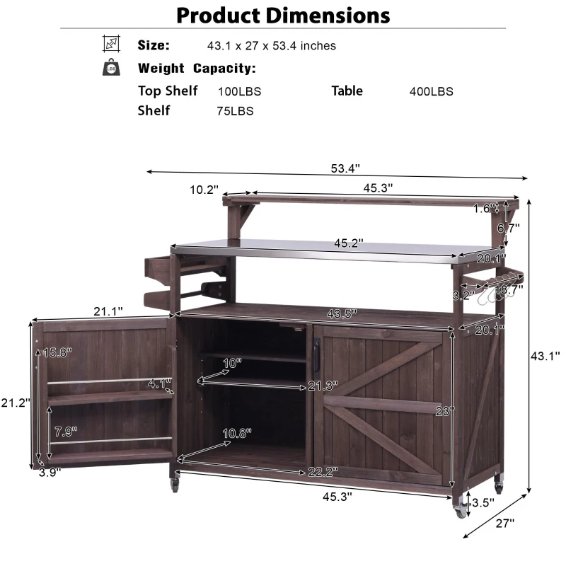 Outdoor Kitchen Island with Raised Shelf, Stainless Steel Top, Solid Storage Cabinet with Internal Rack, 53.5'' L x 27'' W x 43'' H, Dark Brown