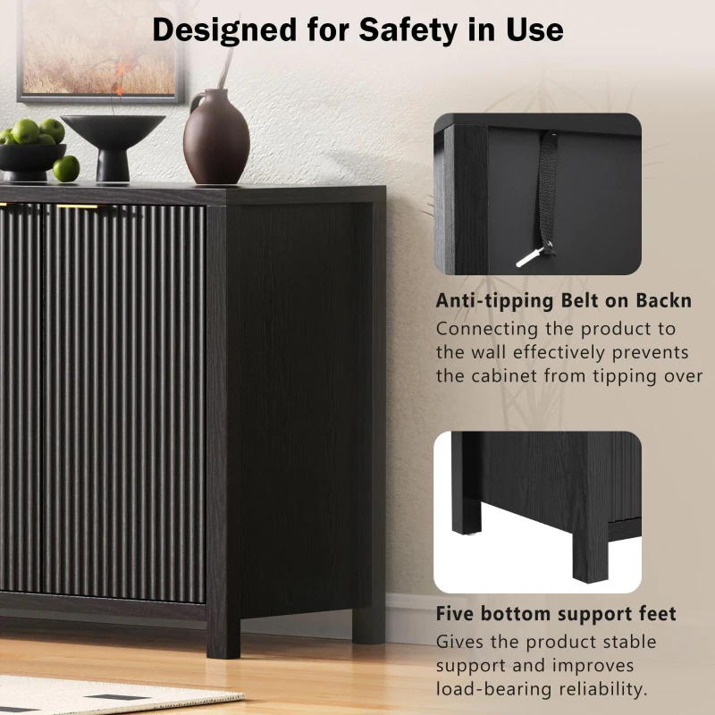 Fluted Buffet Cabinet with 4 Doors, Adjustable Shelves, Soft-Close Hinges, Large Buffet Sideboard for Dinning Room, 55'' L x 15.5'' W x 33'' H, Black