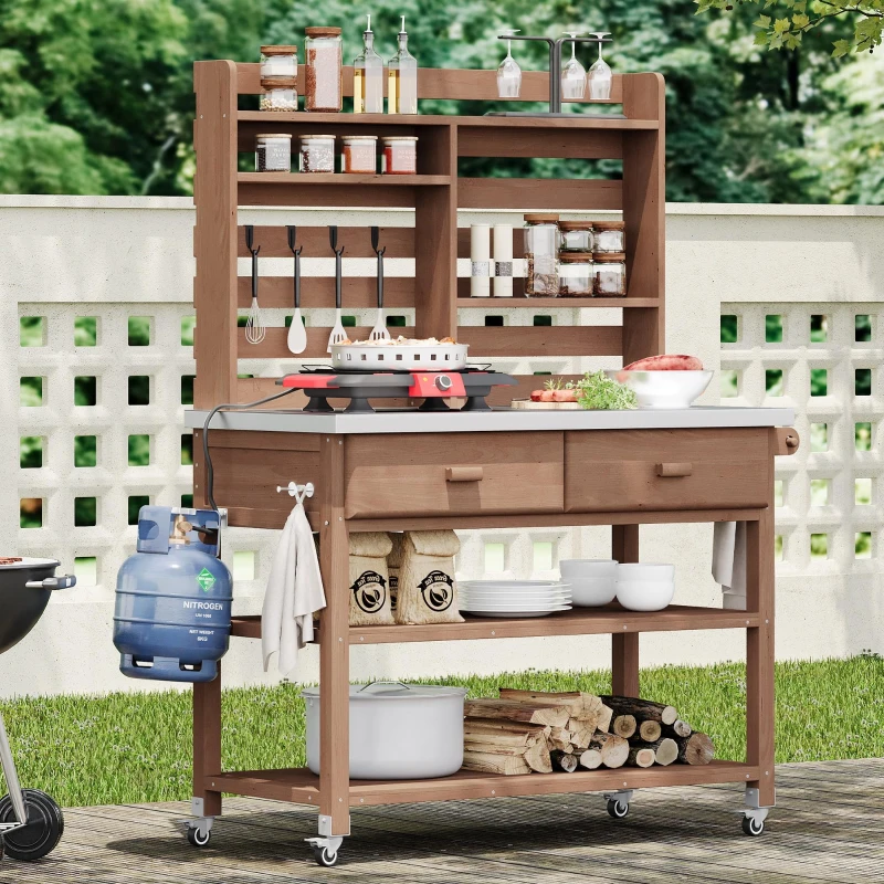 Outdoor Potting Bench Table with 2 Large Drawers, 4 Lockable Wheels, Wooden Kitchen Island with Stainless Steel Top, 52'' L x 22'' W x 65'' H, Brown