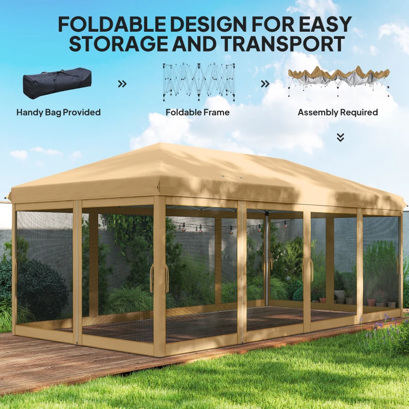 Outsunny 10' x 20' Pop Up Canopy Tent Gazebo with Removable Mesh Sidewall Netting, Carry Bag for Backyard Patio Outdoor, Beige
