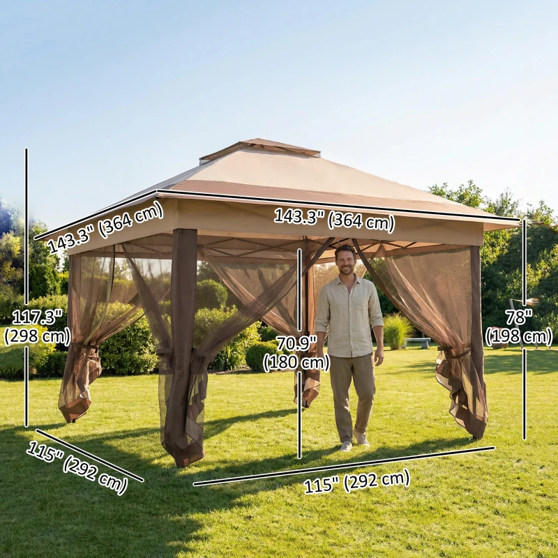 Outsunny 12' x 12' Foldable Pop-up Party Tent Instant Canopy Sun Shade Gazebo Shelter with Steel Frame, Khaki