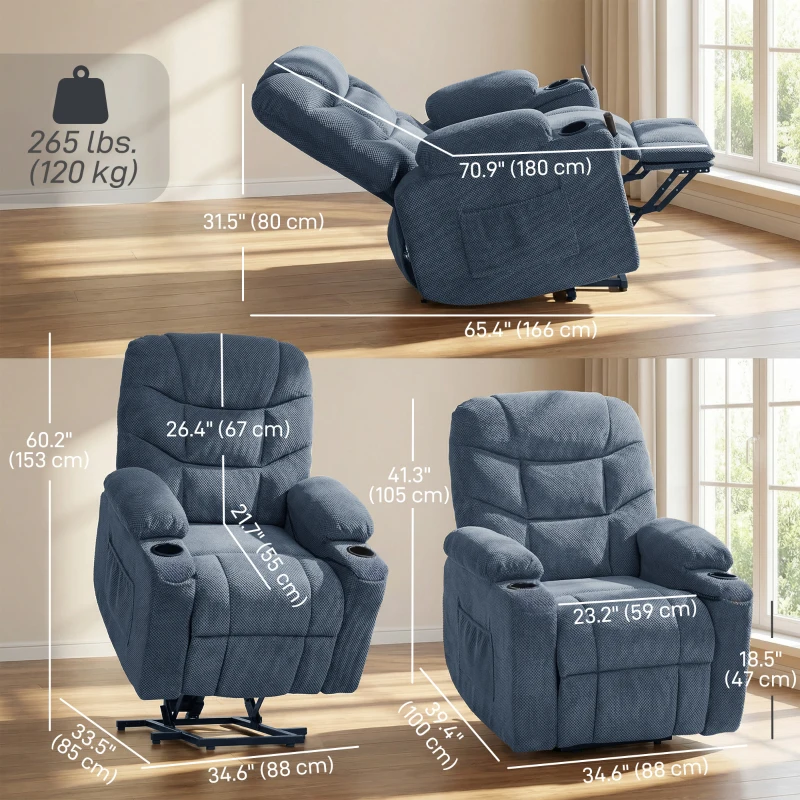 HOMCOM Power Recliner Chair with Massage, Electric Lift Chair for Elderly with Side Pockets, Cup Holders, Remote, Blue
