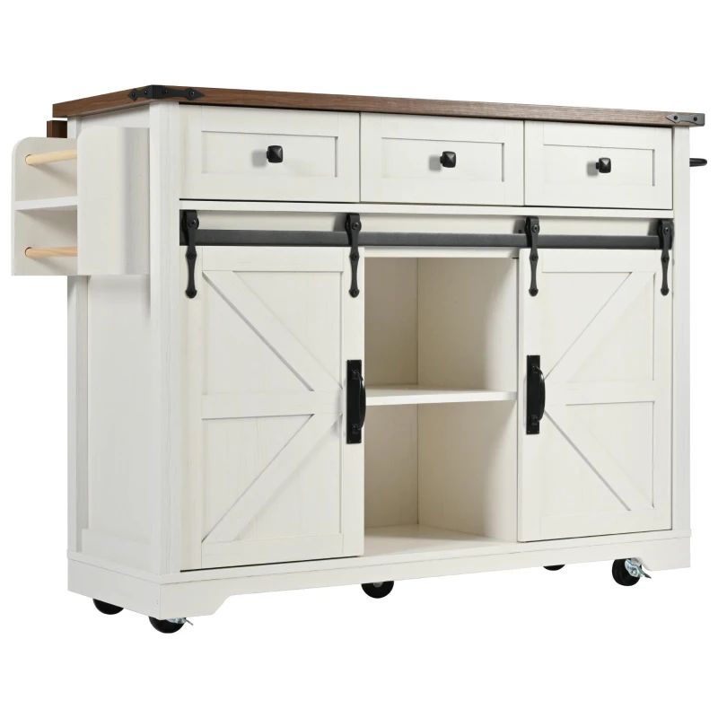 Large Kitchen Island with Built-in Power Outlet and Adjustable Shelves, Rolling Storage Cart with Locking Wheels, 53.5'' L x 18.5'' W x 37'' H, White