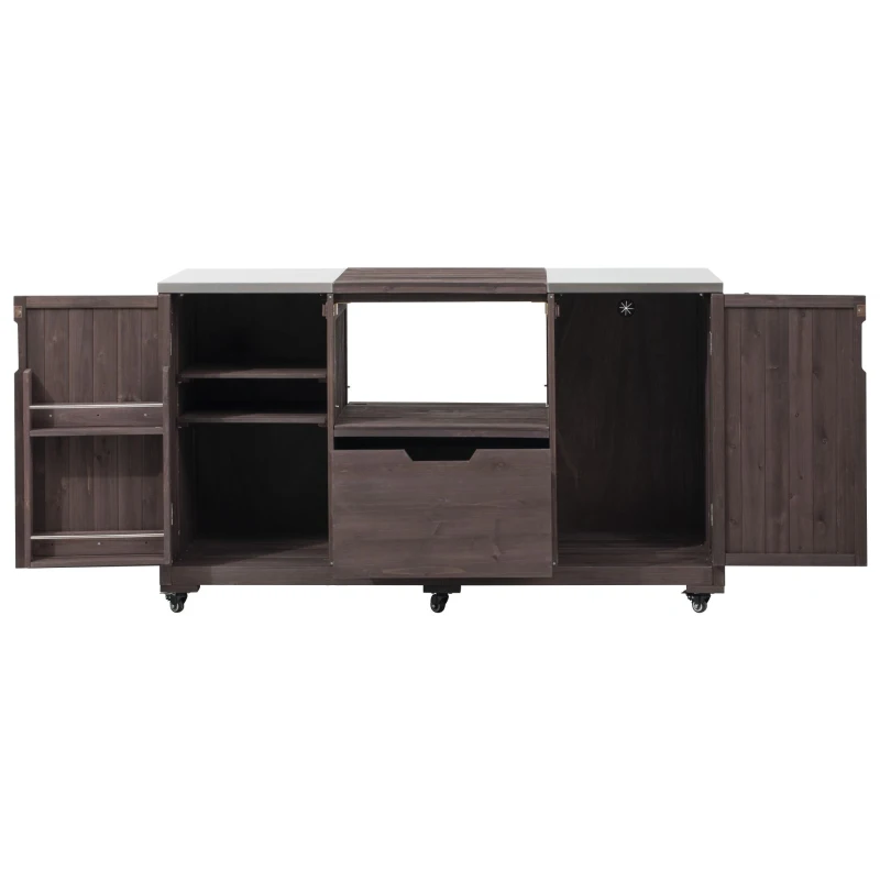 Outdoor Kitchen Island with Stainless Steel Top, Adjustable 5‑Level Shelves, Fir Wood Grill Cart with Drawer, 66.5'' L x 23'' W x 34.5'' H, Dark Brown